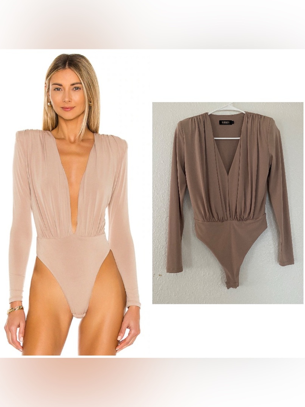Nookie Dasha Bodysuit in Latte Deep V Ruched Long-Sleeve